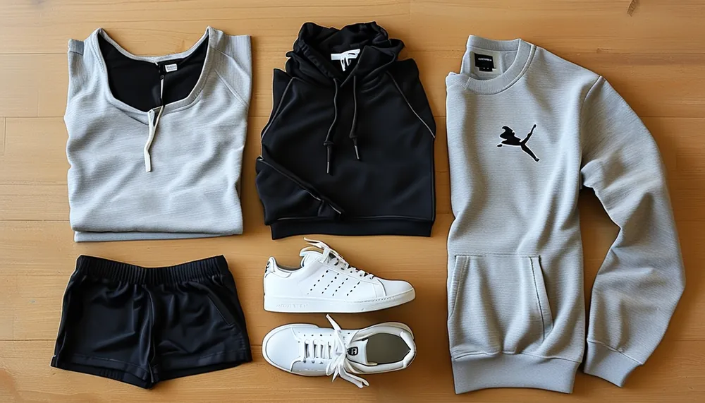 Flat lay of a matching set split into different outfits
